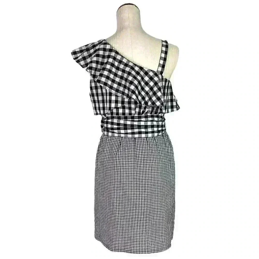 Calvin Klein Dress Women 4 Black White One Shoulder Flounce Cotton Blend Gingham - Picture 6 of 8